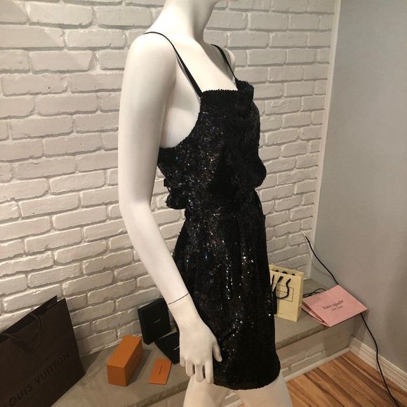 PEACOCK COLOR DISTRESSED SEQUIN ASYMETRICAL COCKTAIL GATHERED MINI DRAPED NECK - Picture 3 of 12